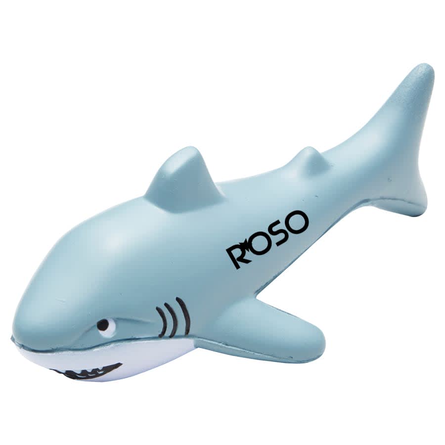 A blue squeeze toy shaped like a shark, featuring a branding logo on one side. Squeeze Shark - Image 1