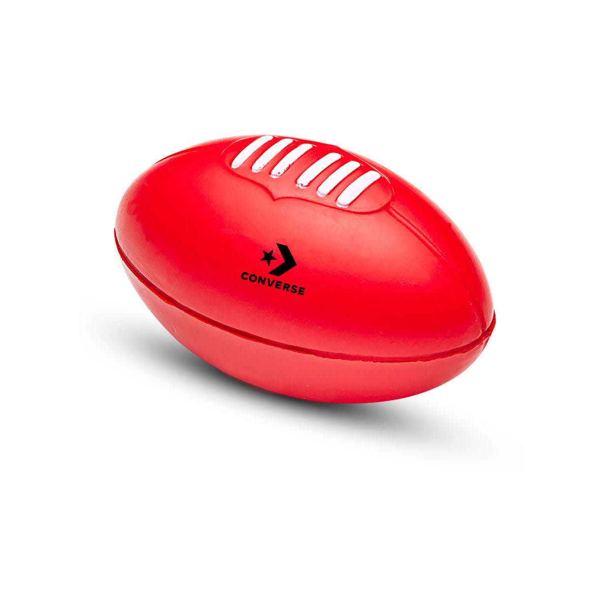 A red Squeeze Football with white stripes and a logo. It’s designed as a fun stress ball. Squeeze Football - Image 1