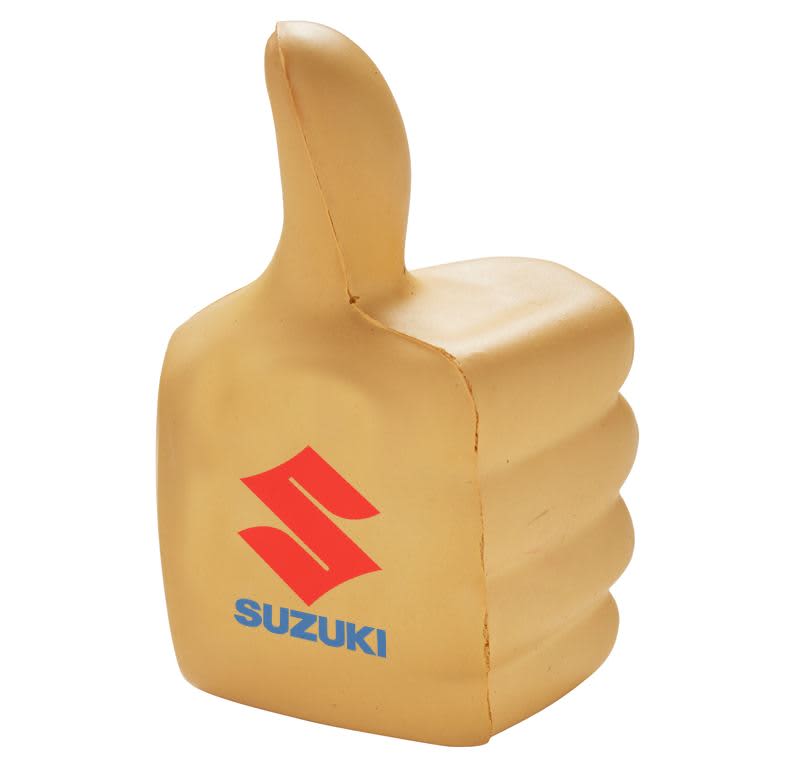 A golden thumbs-up novelty item with a logo on it, designed for fun and games. Squeeze Thumbs Up - Image 1