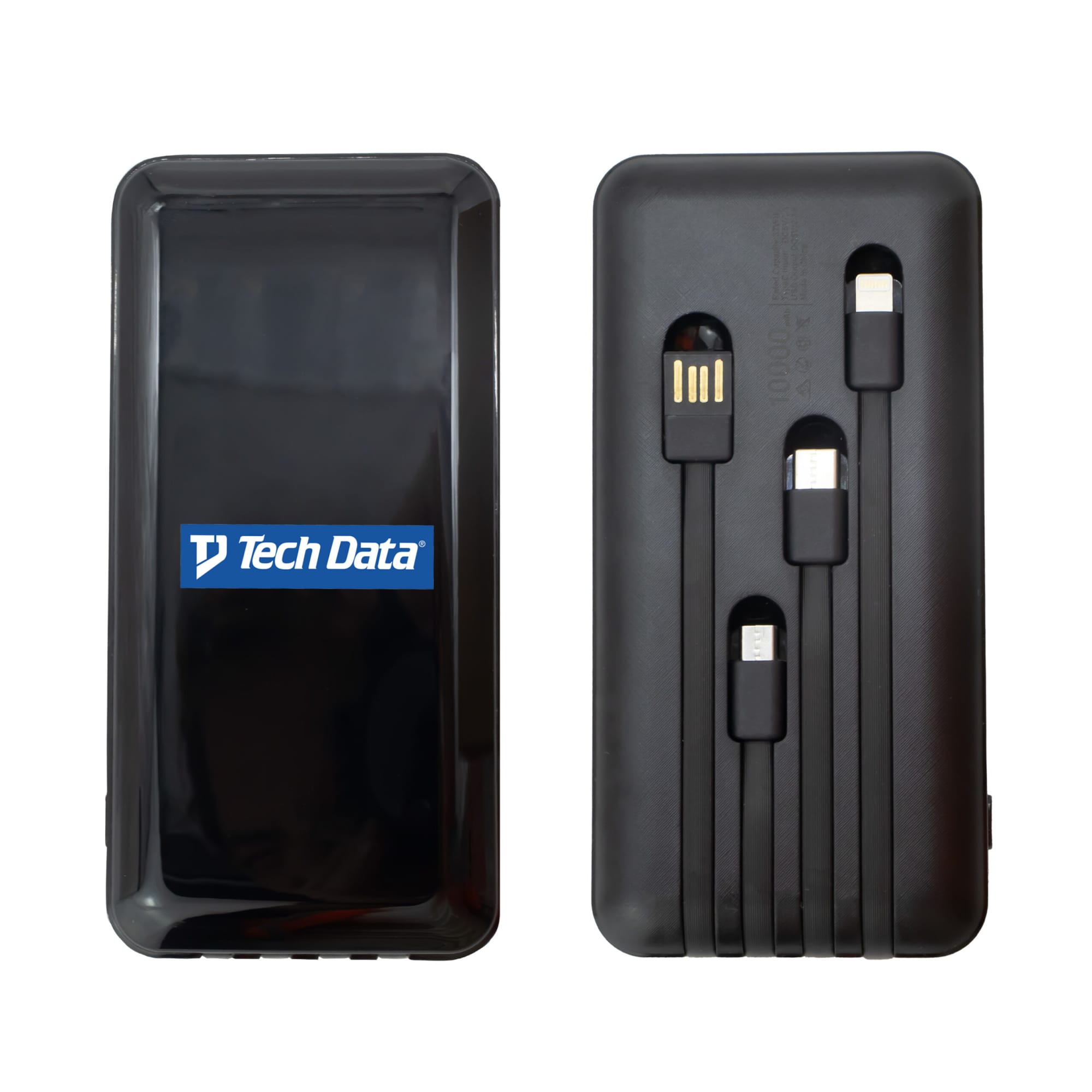 A black power bank with built-in charging cables for multiple devices and a logo on the front. Omar Power Bank (10,000 mAh) - Image 1