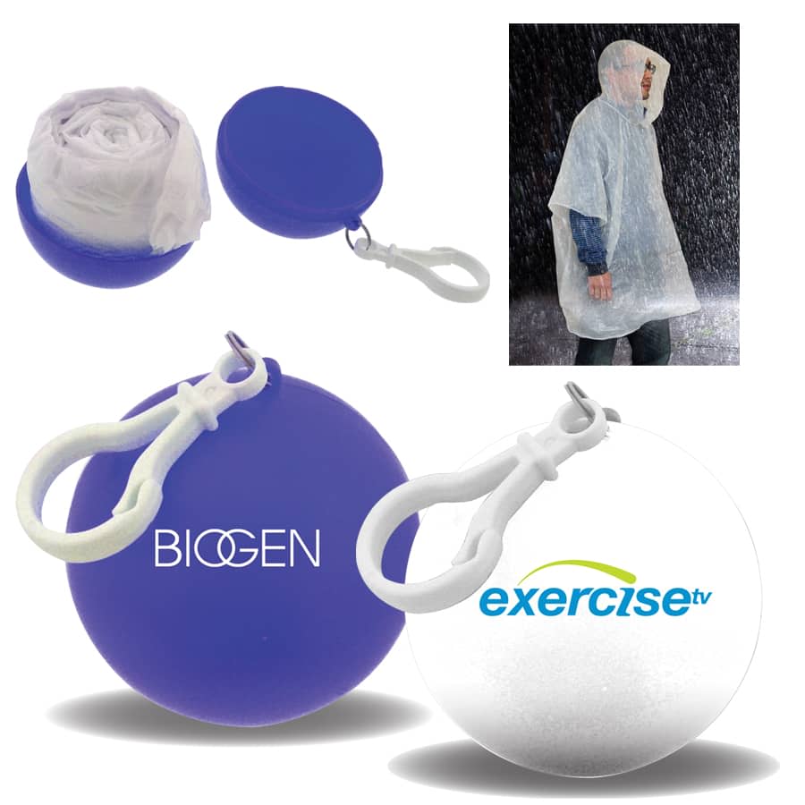 A compact blue case contains a transparent rain poncho, featuring a hook for easy attachment. Rain Poncho Ball - Image 1