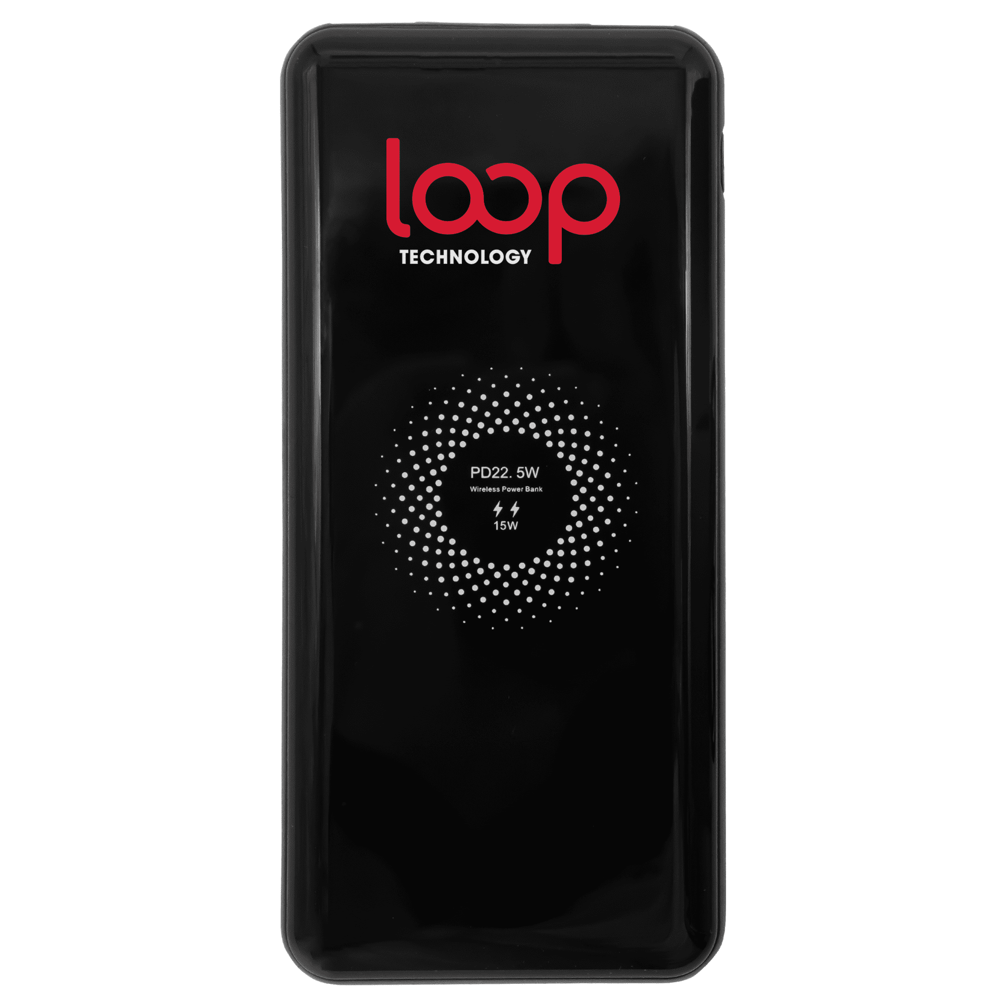 A black power bank with a logo, featuring a dotted design and specifications for fast charging features. Rhodes Power Bank (10,000 mAh) - Image 1