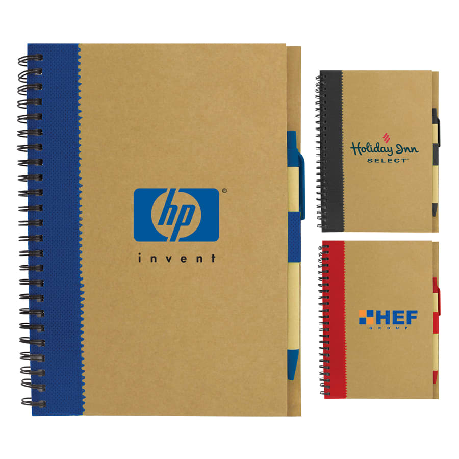 A recycled paper notebook with a spiral binding, featuring a blue, black, and red cover, each with a logo. Recycled Paper Notebook - Image 1