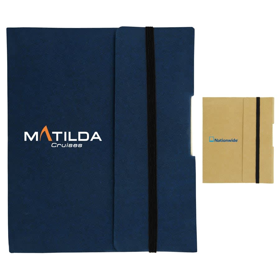 A navy blue tuck journal book with an elastic band closure and a smaller tan booklet beside it, featuring logos. Small Tuck Journal Book - Image 1