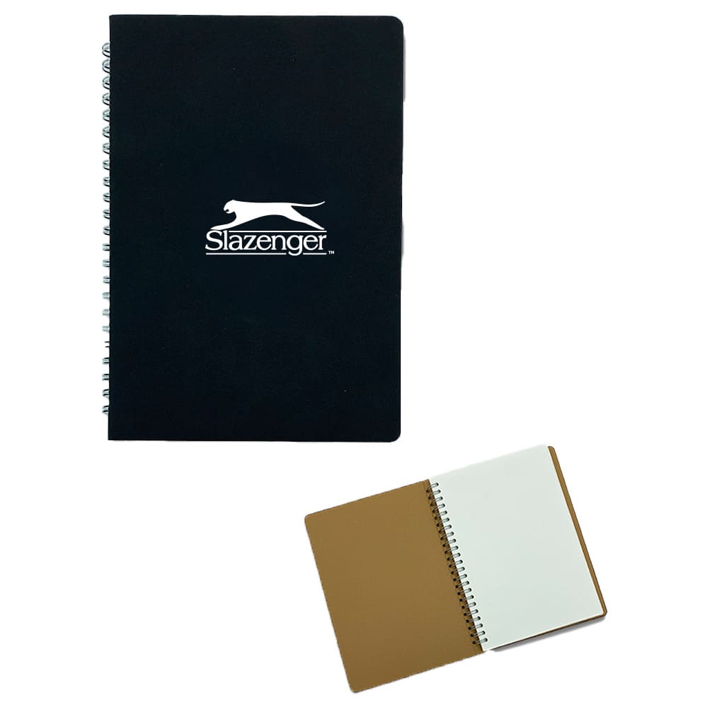 A black spiral notebook with a logo, featuring blank pages and a tan cover. Spiral Notebook (A5) - Image 1
