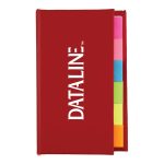 A red book with a logo, featuring various sticky note markers in pink, blue, green, yellow, and orange.