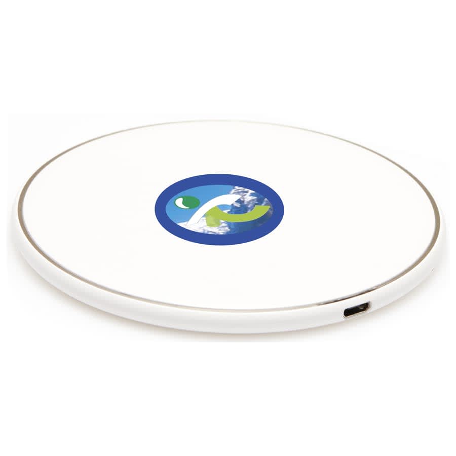 A round white wireless charging dock featuring a logo in the centre and a USB-C port on the side. Axis Round Wireless Charging Dock - Image 1