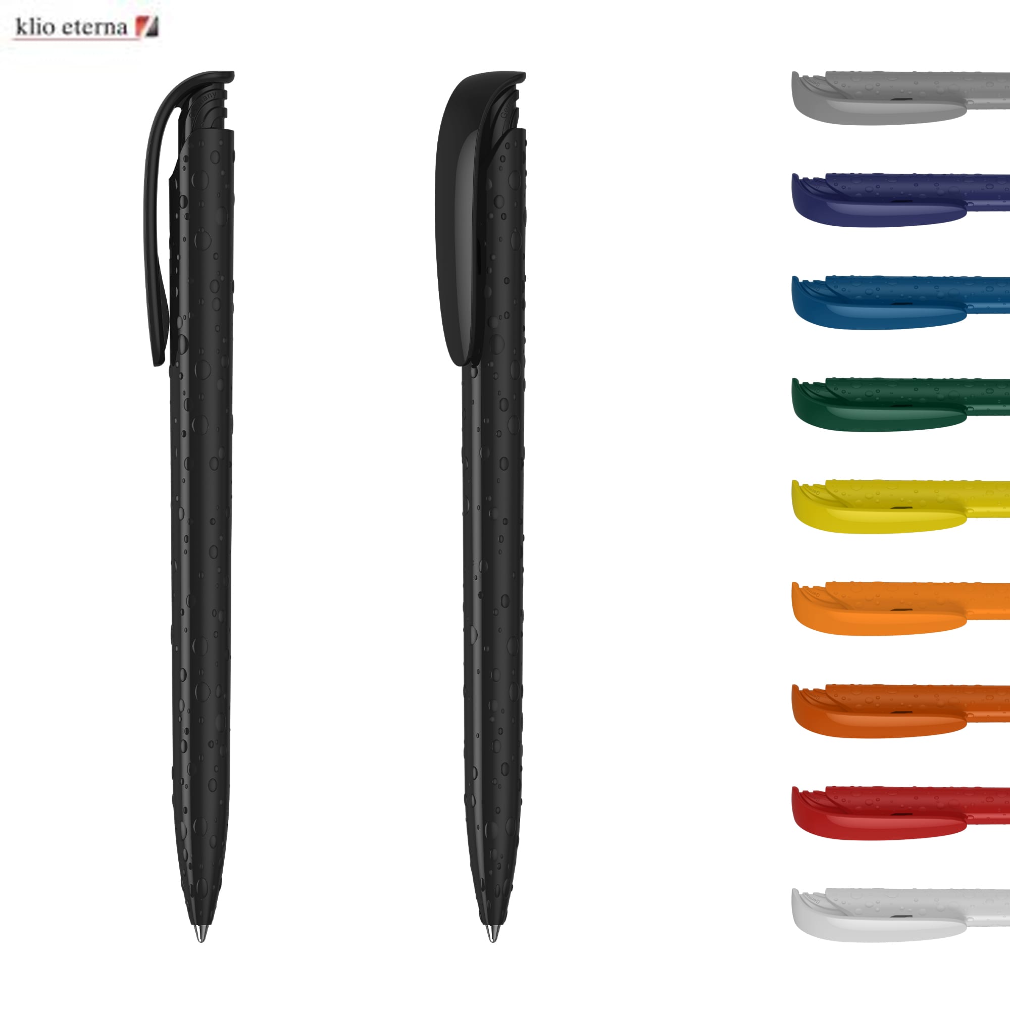 A high-gloss black plastic pen with a matching clip, accompanied by pens in various vibrant colours. Tailor Drops High Gloss - Image 1