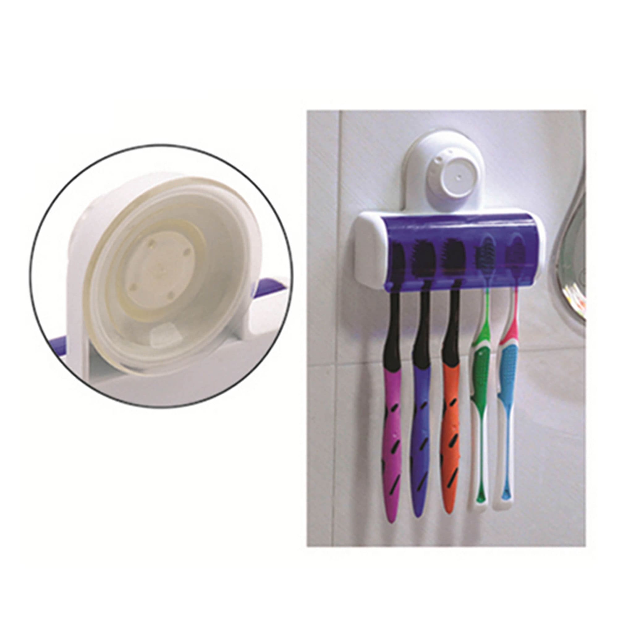 A toothbrush holder with a white and purple design, featuring space for four toothbrushes in various colours. Toothbrush Holder - Image 1