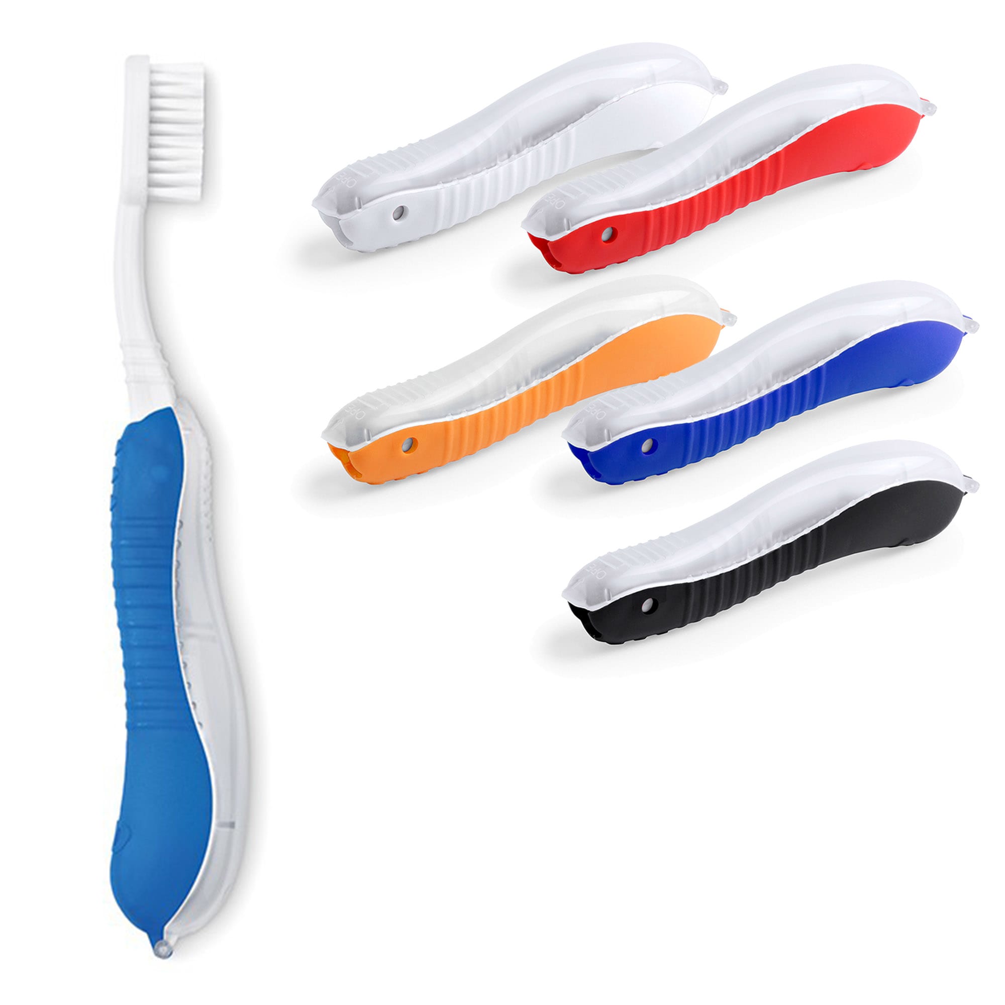 A toothbrush in various colours including blue, red, orange, black, and white, featuring a branding logo. Toothbrush - Image 1