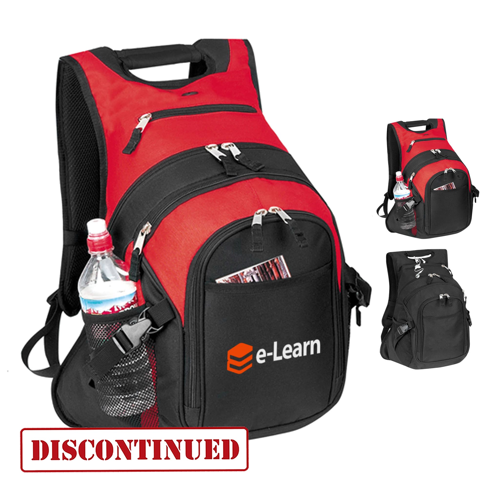 A red and black deluxe computer backpack features multiple pockets and a side mesh pocket for a drink bottle. It has a logo. Deluxe Computer Backpack - Image 1