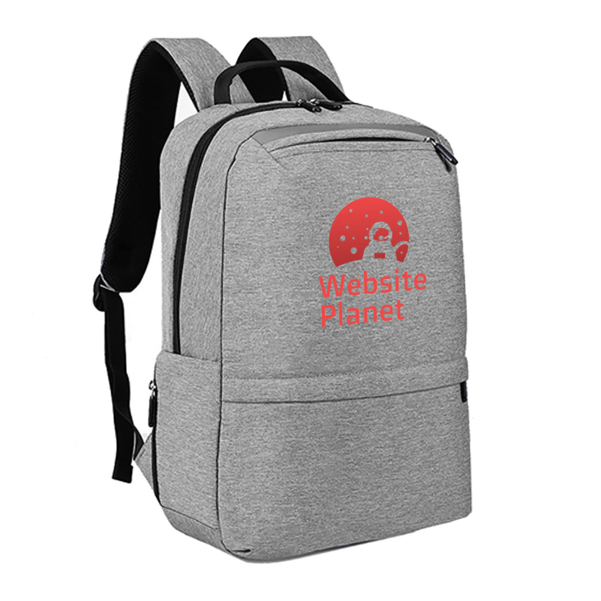 A grey laptop backpack with a zippered compartment and a logo on the front. Features adjustable black straps. Techpac Laptop Backpack - Image 1