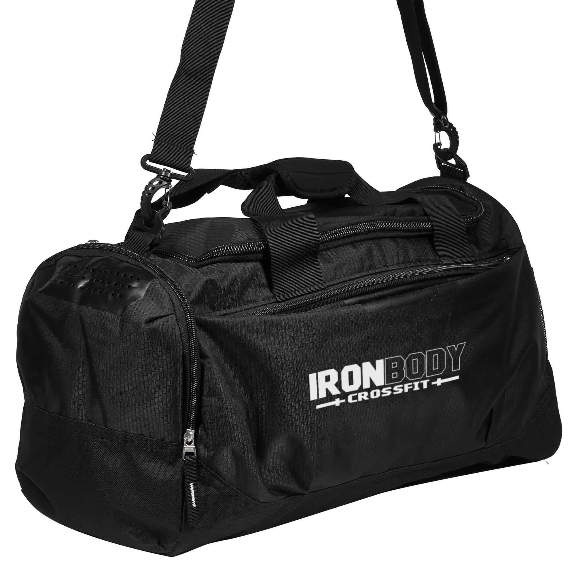 A black duffle bag with dual handles and a shoulder strap, featuring a logo on the side. San Diego Sport Bag - Image 1