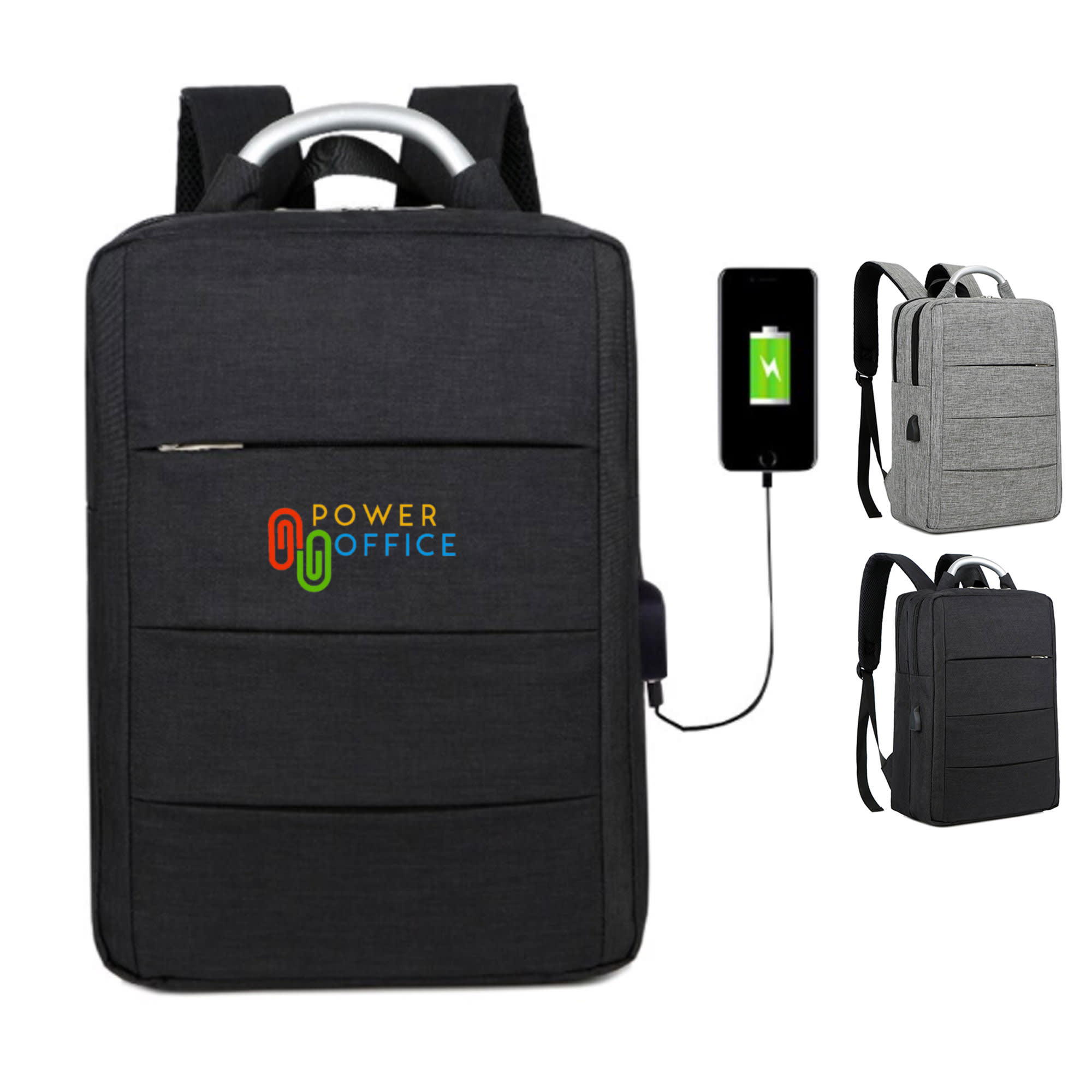 A black laptop backpack featuring a branded logo and a USB charging port. Includes a grey version shown beside it. Kuno Laptop Backpack - Image 1