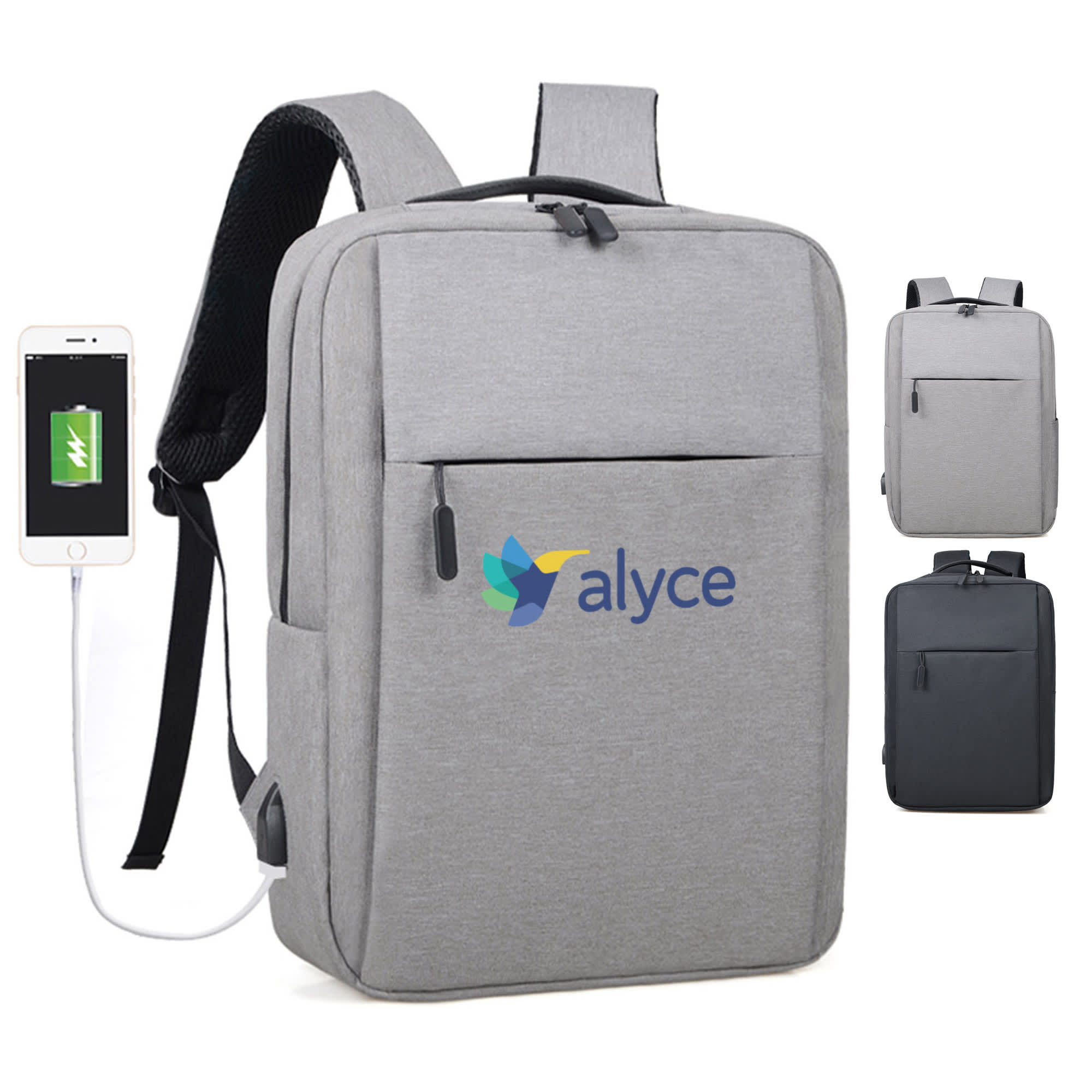 A grey backpack featuring a logo, with a front pocket and side access for charging devices. Wirra Backpack - Image 1