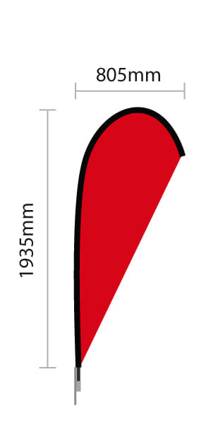 A red single-sided tear drop banner with black edging, measuring 805mm by 1935mm. Small Single Sided Tear Drop Banner - Image 1