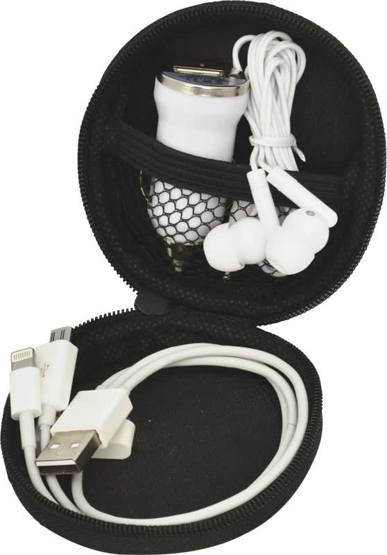 A black zippered case containing white earphones, a USB cable, and a charger. Spirit Techno Kit - Image 1