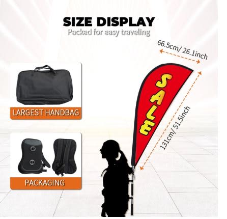 A red teardrop banner with a black carrying bag and packaging, featuring a logo. Includes size display measurements. Small Single Sided BackpackTear Drop Banner - Image 1