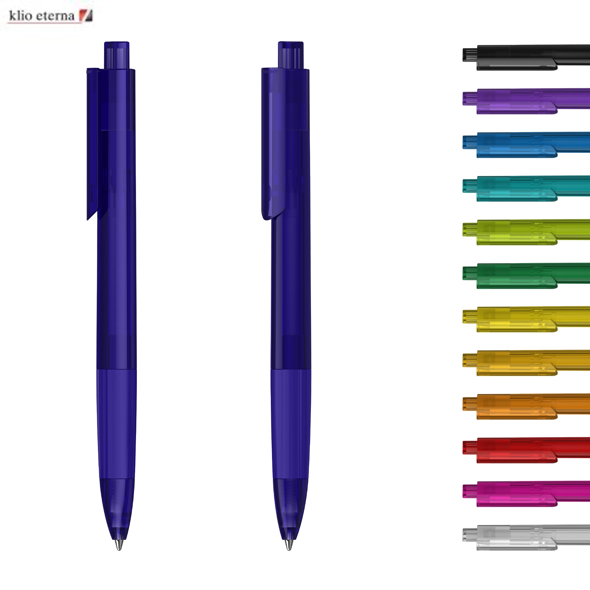 Transparent blue plastic pens with a clip, accompanied by a selection of pens in various colours. Tecto Transparent - Image 1
