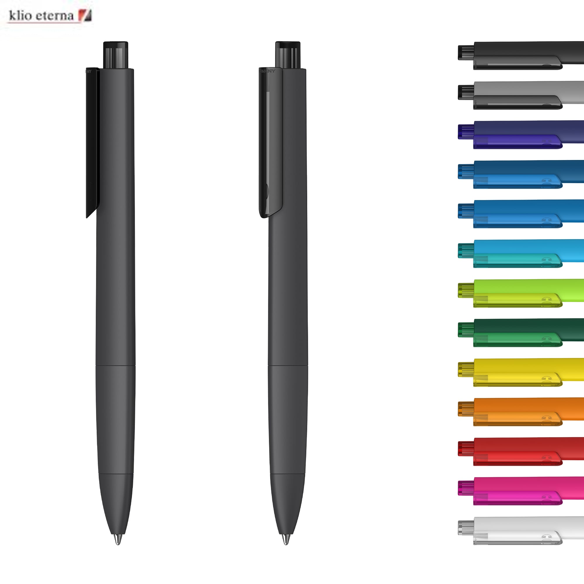 A set of plastic pens in various colours, featuring a sleek, black design with a logo. Tecto Softtouch Transparent - Image 1