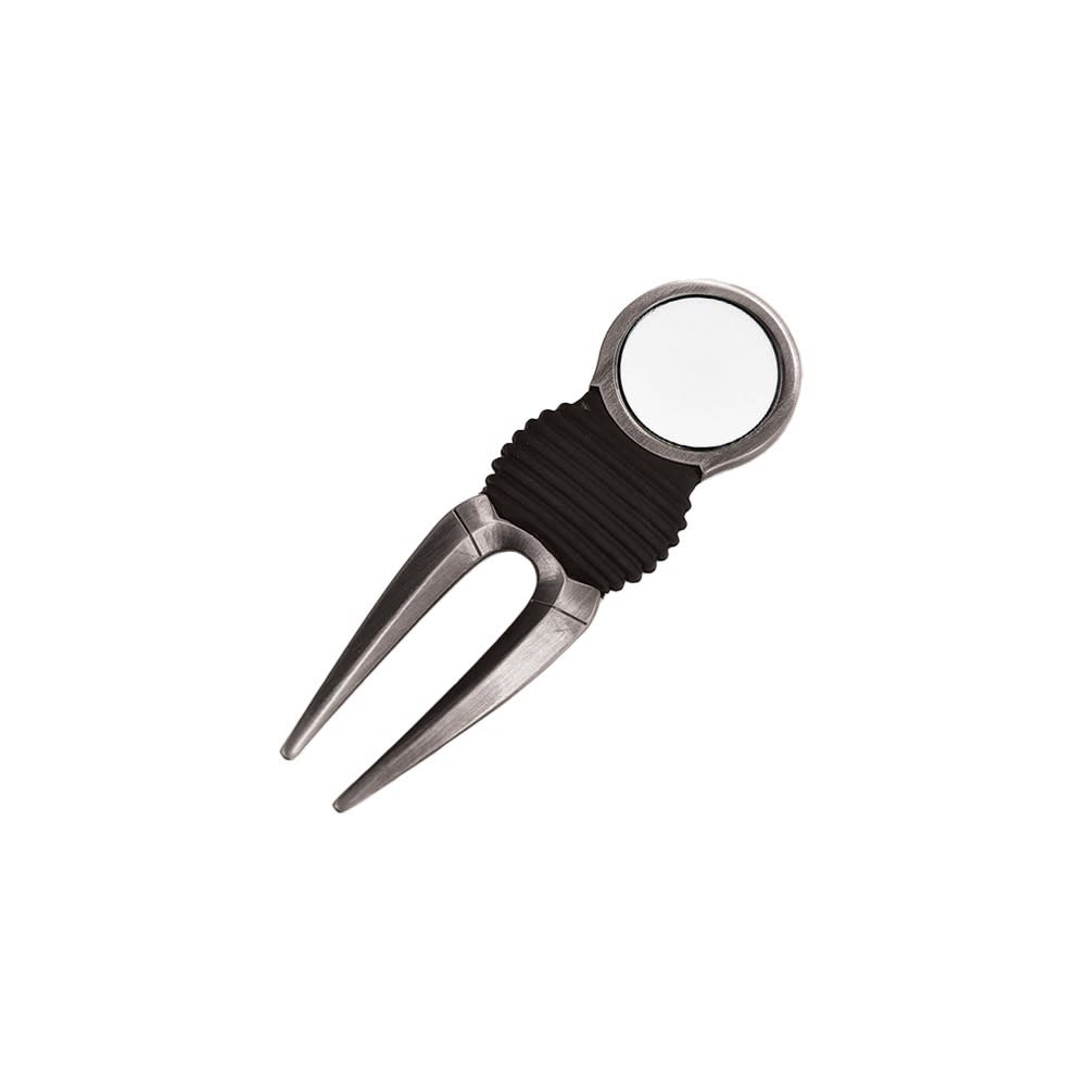 A golf pitch repairer with a black rubber grip and a 25mm circular ball marker. It has a metallic finish. Pro Pitch Repairer With 25mm Ball Marker - Image 1