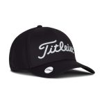 A black cap featuring a prominent logo and a sleek design, ideal for golf enthusiasts.