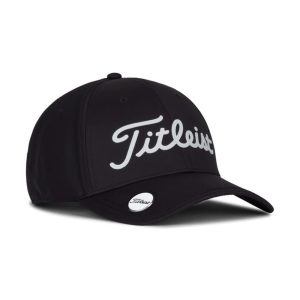 A black cap featuring a prominent logo and a sleek design, ideal for golf enthusiasts.