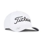 A white golf cap with a branded logo, featuring a black script design on the front.