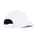 A white golf cap featuring a branded logo on the side and an adjustable strap at the back.