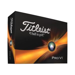 A box containing Titleist Pro V1 golf balls, primarily black with gold and white accents. It features a logo.