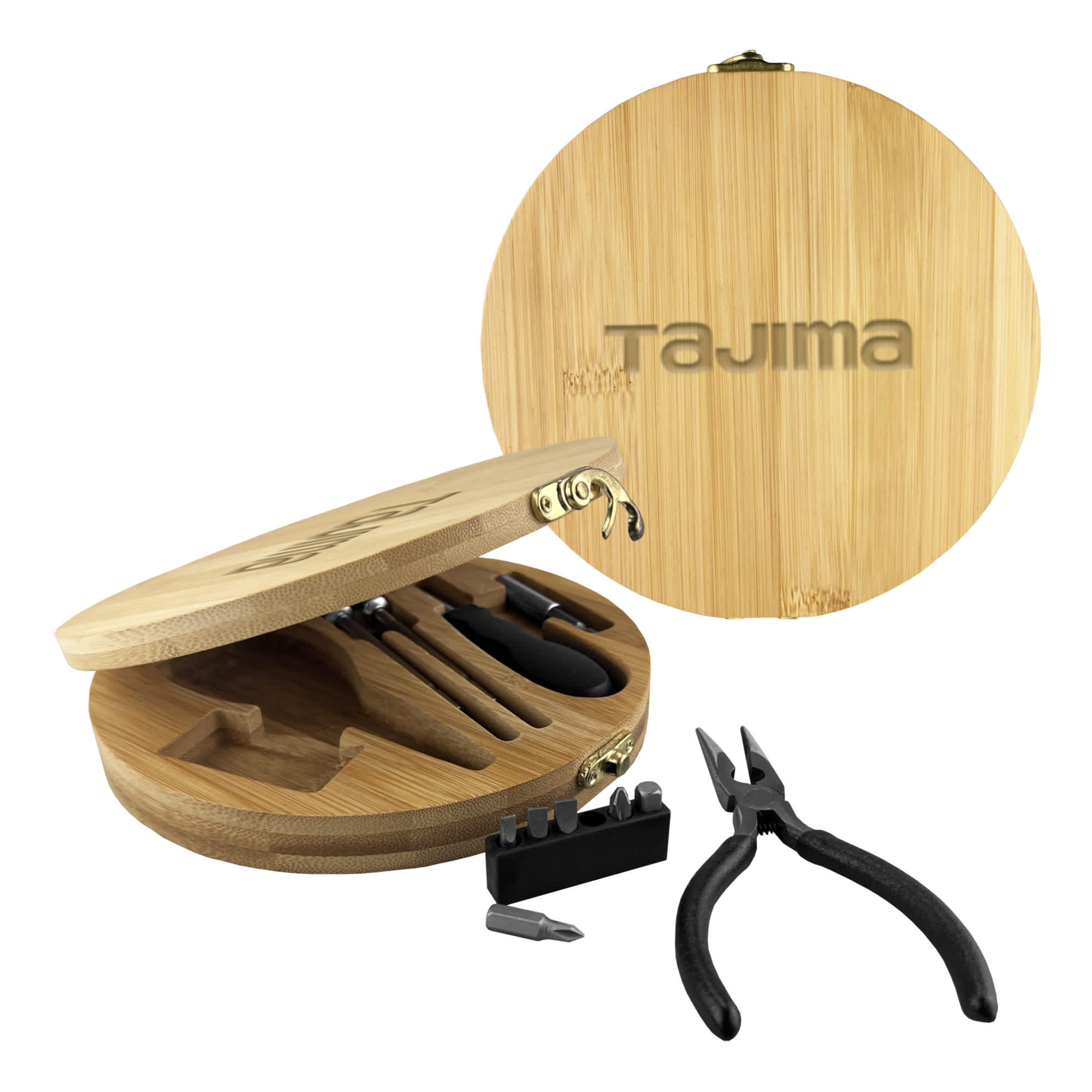A bamboo toolkit with various tools, including pliers and screwdriver bits, in a circular wooden case featuring a logo. Epworth Bamboo Toolkit - Image 1