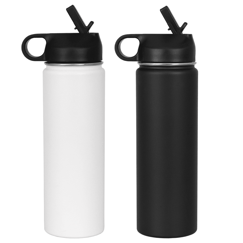 A drink bottle set featuring a white and a black stainless steel design, each with a black spout and handle. Trekk Stainless 700 Ml Drink Bottle - Image 1