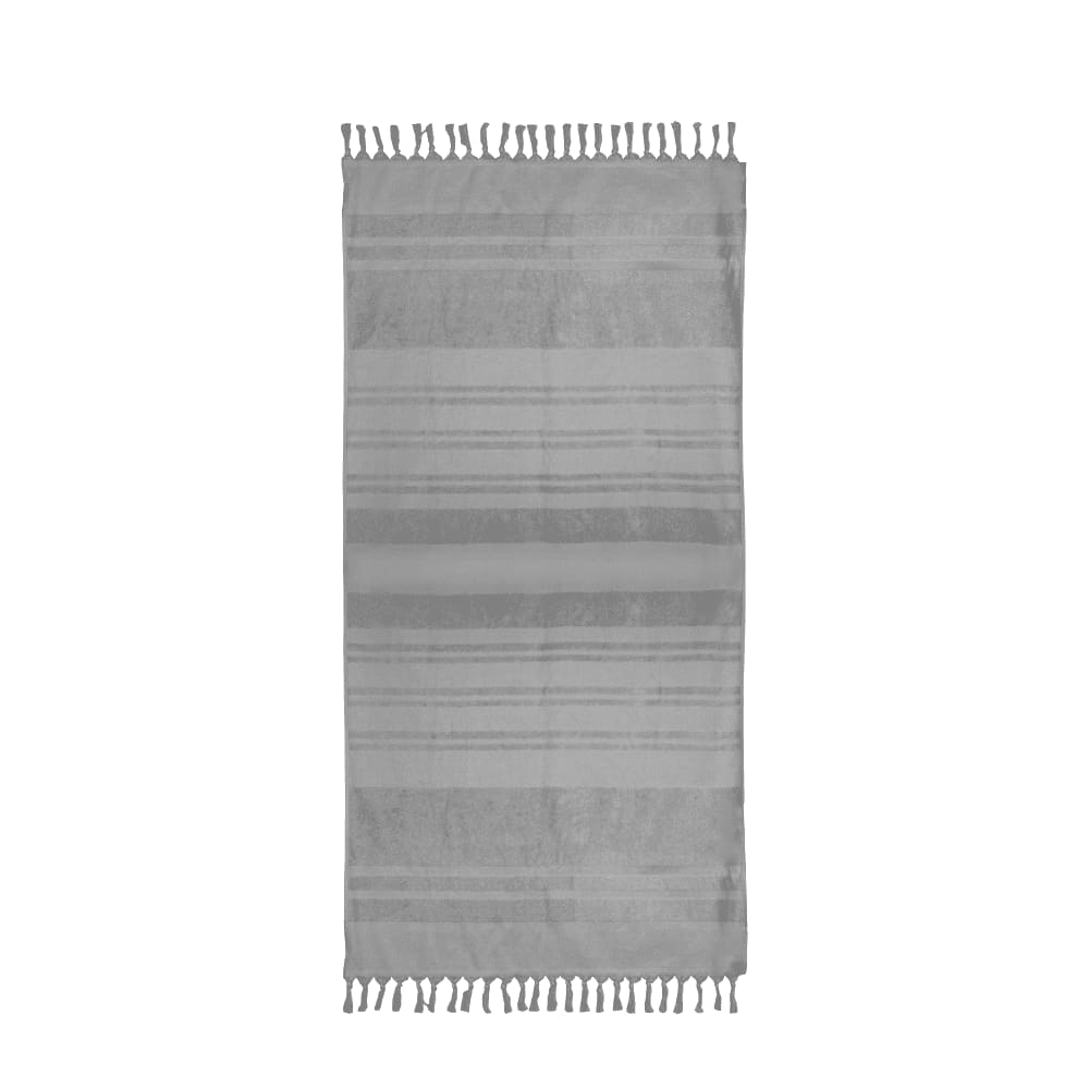 A grey flat terry towel with striped pattern and tassels along the edges. It features a logo. A grey flat terry towel with striped pattern and tassels along the edges. It features a logo.