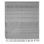 A grey flat terry towel with striped patterns and tassel detailing, featuring a logo. Perfect for leisure and outdoor use.