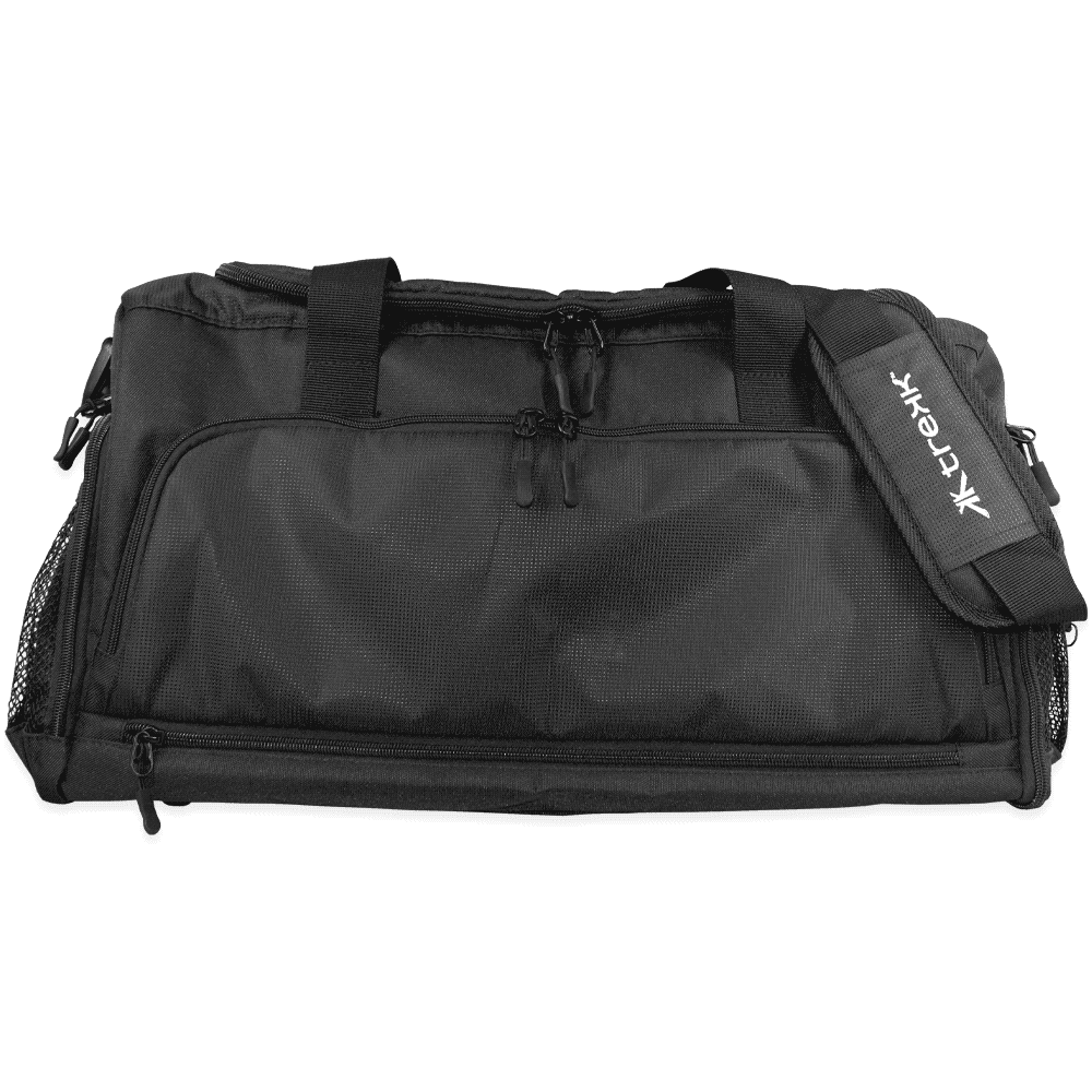 A black duffle bag with a shoulder strap and zipper compartments. It features a logo and mesh detailing. Trekk S-Max 38L Sportsbag - Image 1