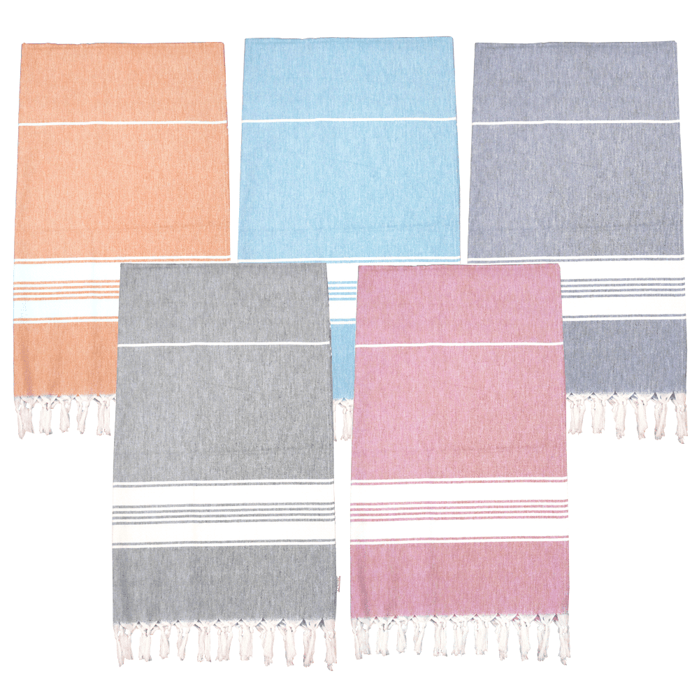 Five Turkish towels in orange, blue, grey, pink, and striped designs, featuring tasselled edges and a logo. Trekk 100% Cotton Turkish Towel - Image 1