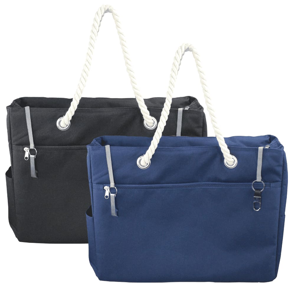 A waterproof beach bag featuring a navy blue and black design with rope handles and zippered pockets. Trekk Destin Waterproof Beach Bag 26L - Image 1