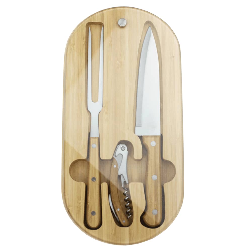 A bamboo knife set featuring three stainless steel knives, housed in an oval wooden tray with a transparent cover. Trekk Oval Bamboo Glass Knife Set - Image 1