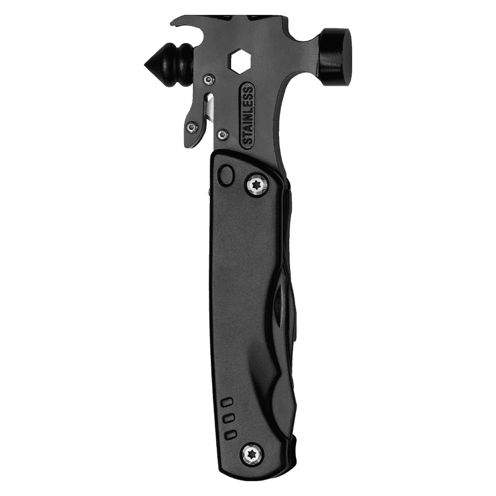 A multi-tool featuring a stainless steel hammer, hex tool, and a textured black handle with a logo. Trekk Survival Hammer & Multi-Tool - Image 1