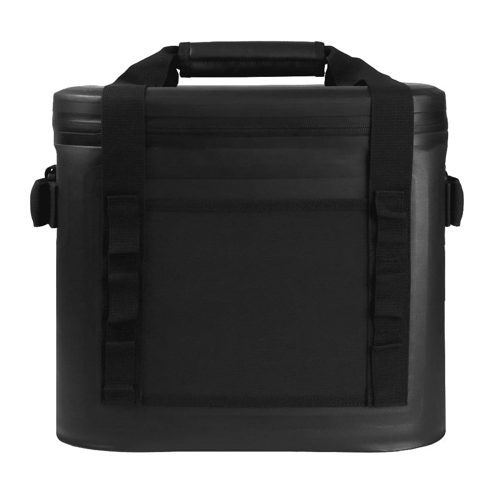 A black cooler bag with a sturdy handle and shoulder straps, featuring a front pocket and a logo. Trekk Pioneer Hard 24 Can Cooler - Image 1