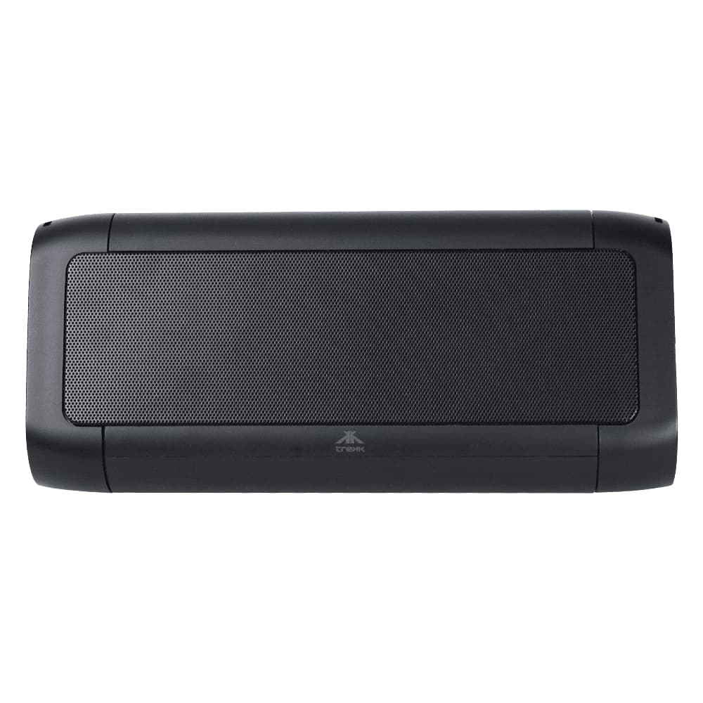 A black outdoor speaker and wireless power bank with a textured front surface and rounded edges. It features a logo. Trekk Outdoor Speaker & Wireless Powerbank - Image 1