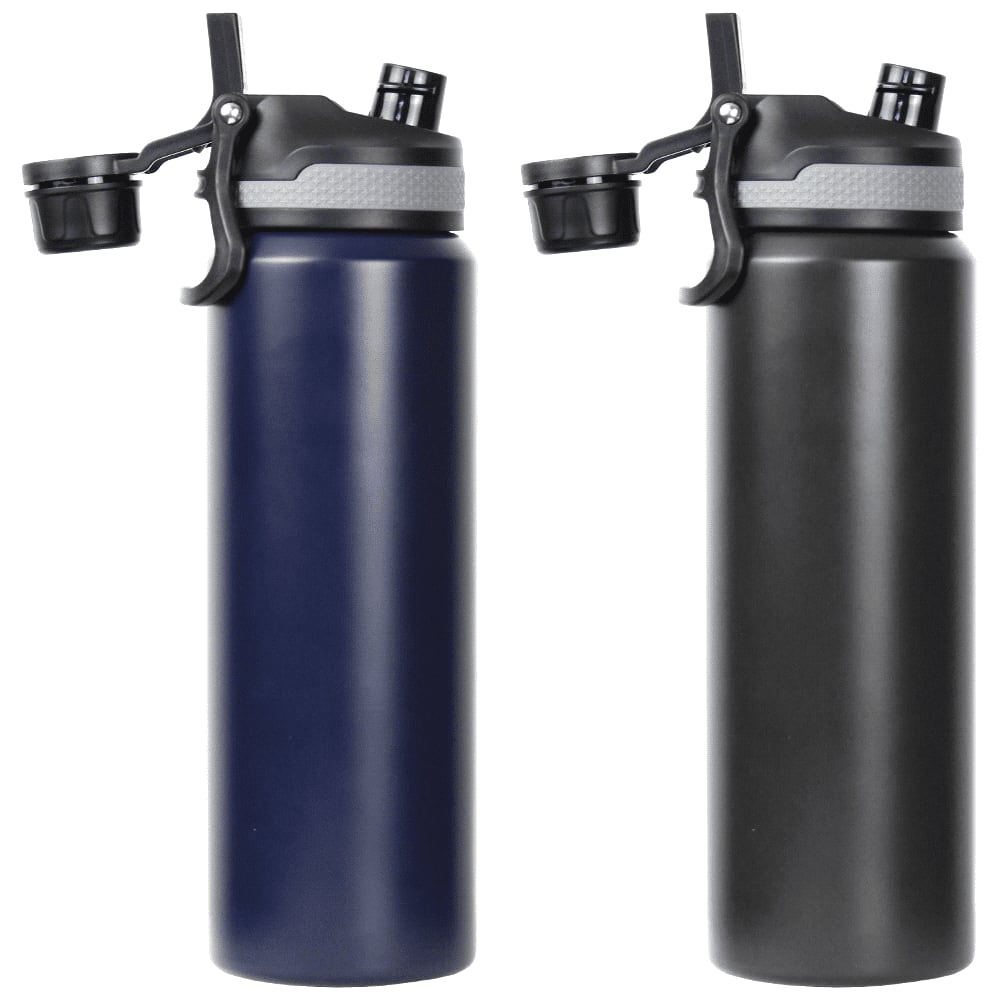 A drink bottle in navy blue and dark grey, featuring a dual-function top and a logo. Double wall design, 800ml capacity. Trekk Chug or Sip Double Wall Bottle - 800ml - Image 1