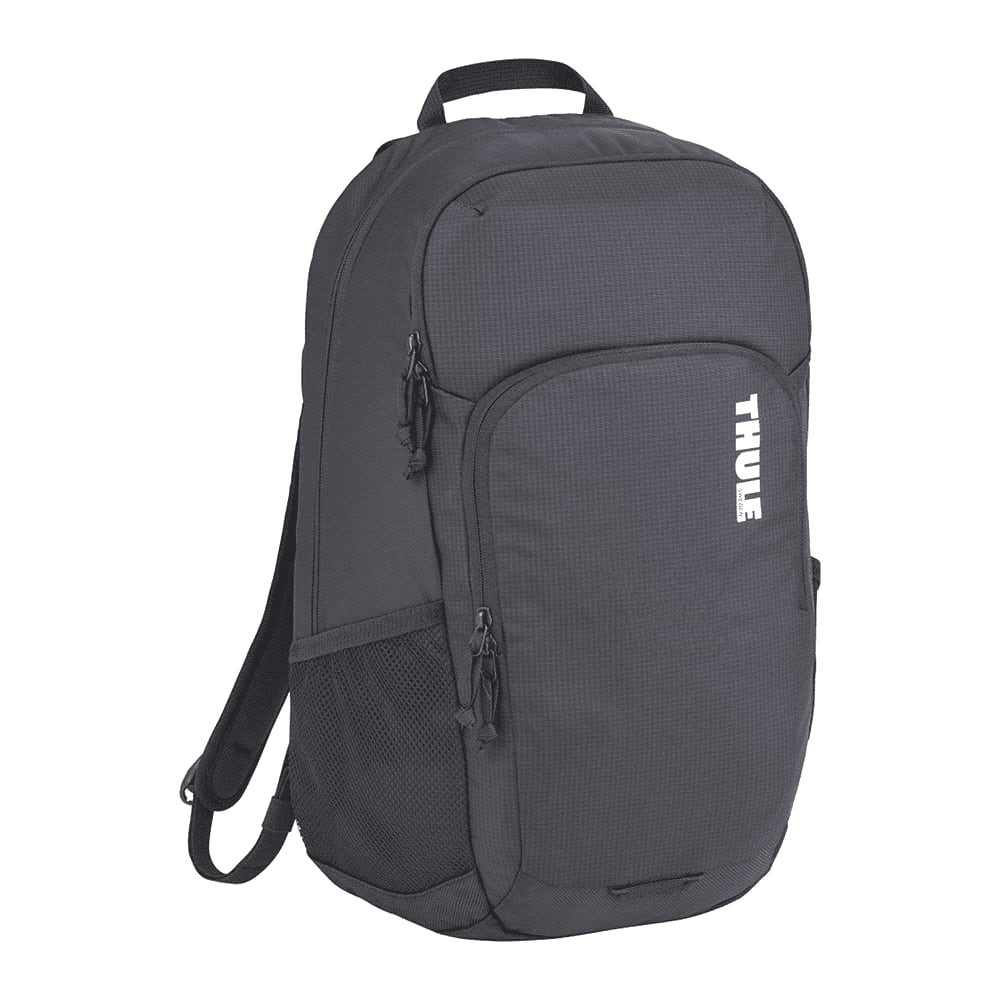 A black Thule Achiever 15 laptop backpack with zippered compartments and a mesh side pocket. Features a logo. Thule Achiever 16" Laptop Backpack - Image 1