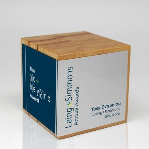 Australian Blackbutt Cube Trophy with Metal Wrap
