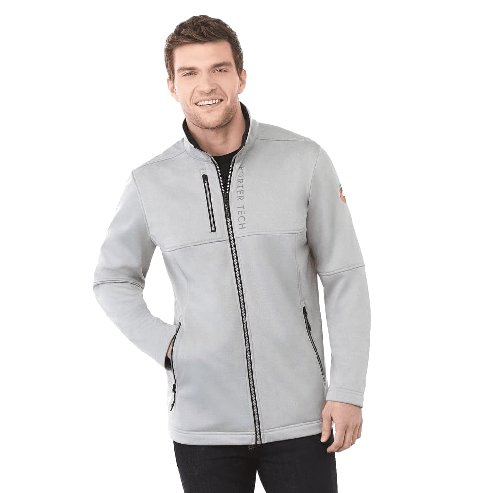 A men's softshell jacket in light grey with a zippered front and a logo, featuring a modern design. Men's Joris Eco Waterproof Softshell Jacket - Image 1