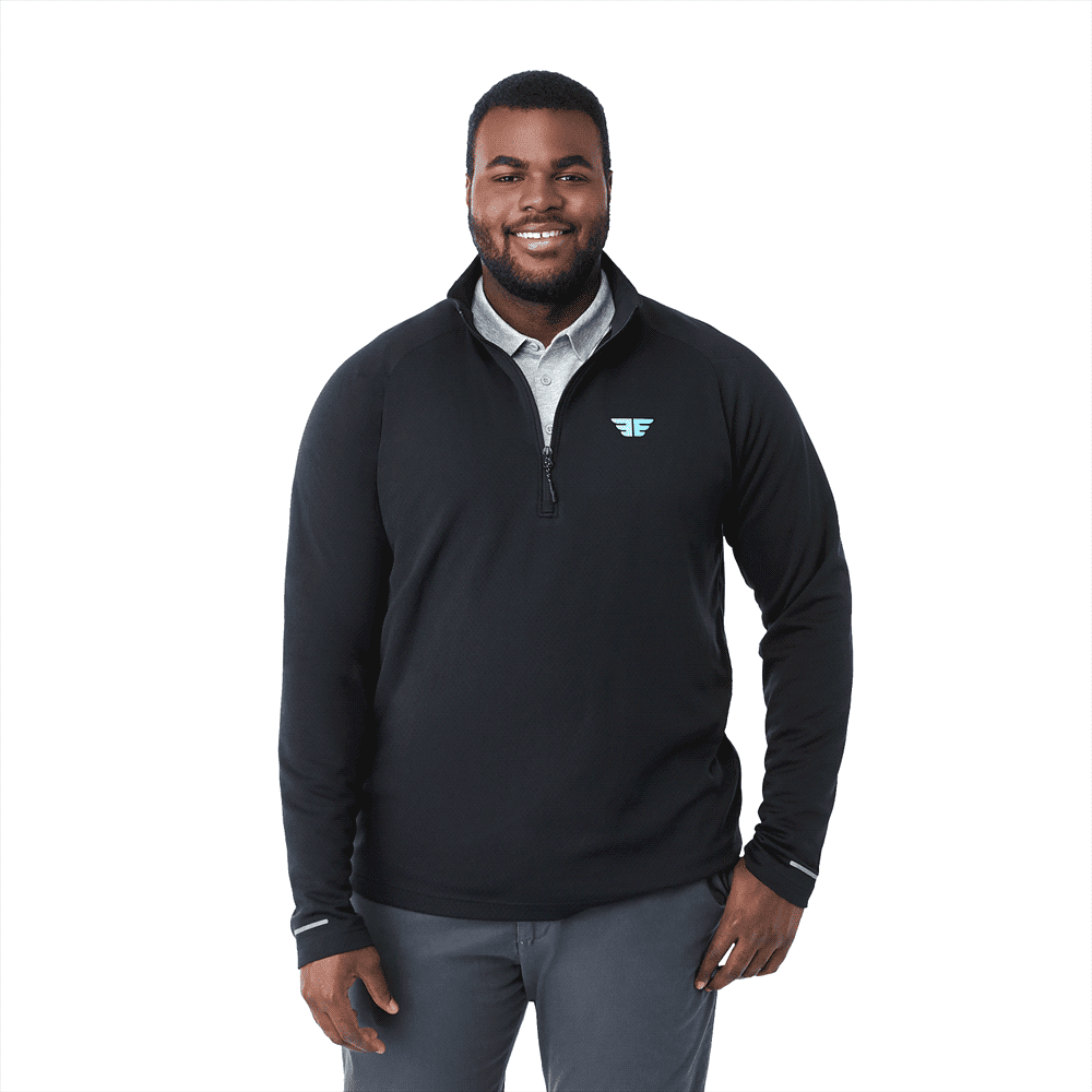 A man wearing a black eco-friendly quarter zip jacket with a logo on the chest, standing against a white background. Asgard Eco Knit Quarter Zip - Mens - Image 1