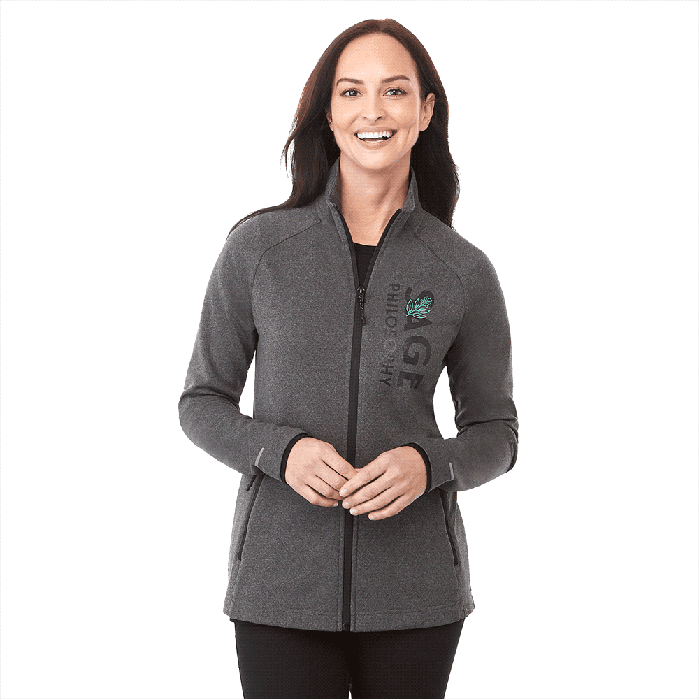 A woman in a grey jacket with a logo, featuring a zip front and high collar. Asgard Eco Knit Jacket - Womens - Image 1