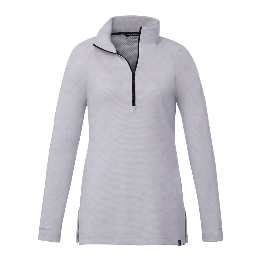 A light grey quarter zip women's jacket featuring a textured design and black detailing, with a logo present. Asgard Eco Knit Quarter Zip - Womens - Image 1