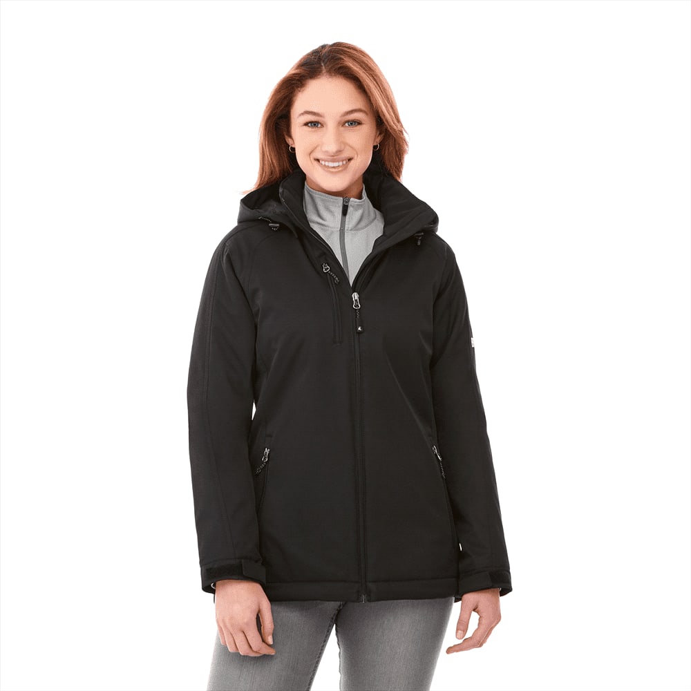 A women’s softshell jacket in black with a hood, featuring a zip front and two side pockets. It has a logo. Bryce Insulated Softshell Jacket - Womens - Image 1