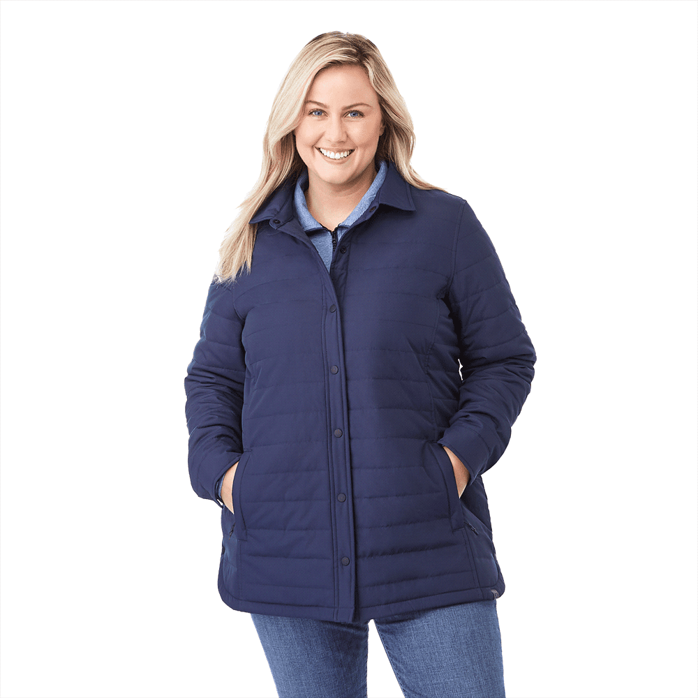 A women's insulated shacket in navy blue, featuring a button-up front and side pockets. It has a subtle logo. Porter Eco Insulated Shacket - Womens - Image 1